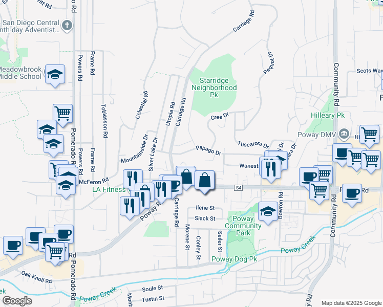 map of restaurants, bars, coffee shops, grocery stores, and more near 12851 Papago Drive in Poway