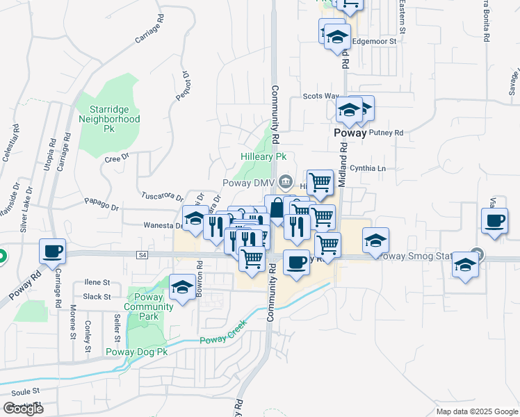 map of restaurants, bars, coffee shops, grocery stores, and more near 13414 Community Road in Poway