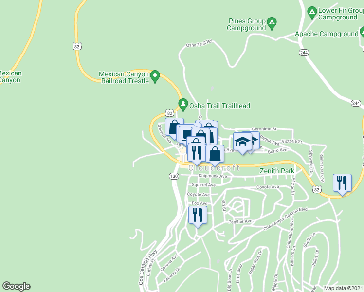 map of restaurants, bars, coffee shops, grocery stores, and more near 96 Glorietta Avenue in Mayhill