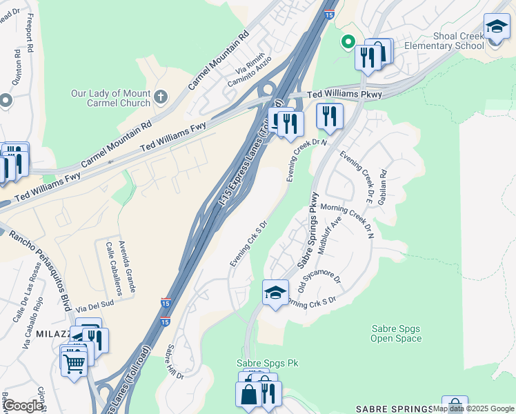 map of restaurants, bars, coffee shops, grocery stores, and more near 13290 Evening Creek Drive South in San Diego