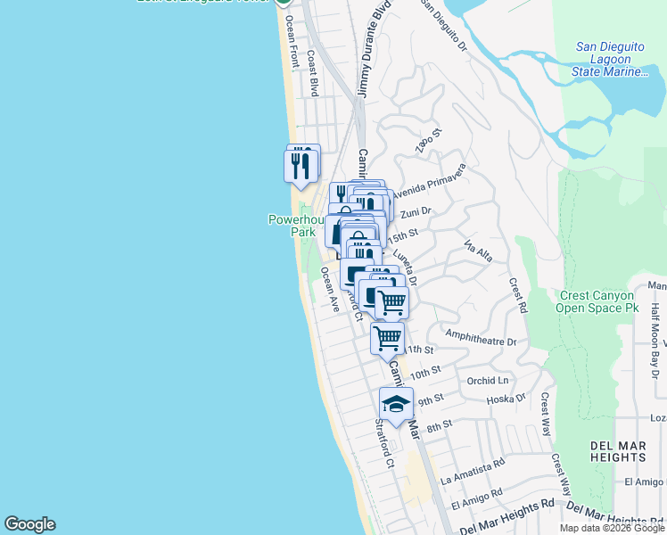 map of restaurants, bars, coffee shops, grocery stores, and more near 155 15th Street in Del Mar
