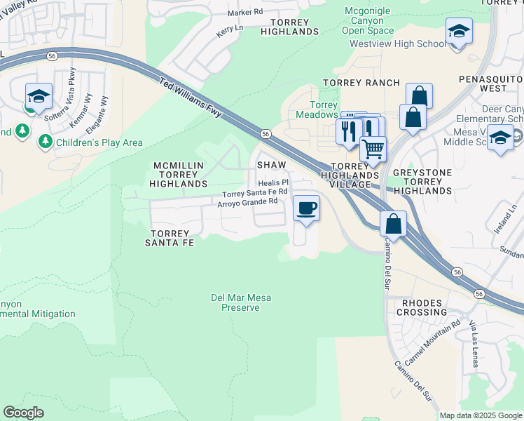 map of restaurants, bars, coffee shops, grocery stores, and more near 7352 Via Cresta Road in San Diego