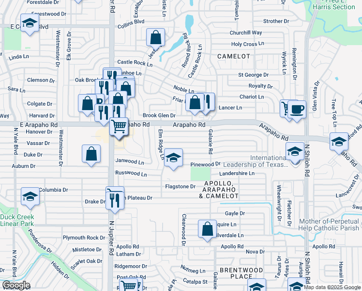 map of restaurants, bars, coffee shops, grocery stores, and more near 3105 Ripplewood Drive in Garland