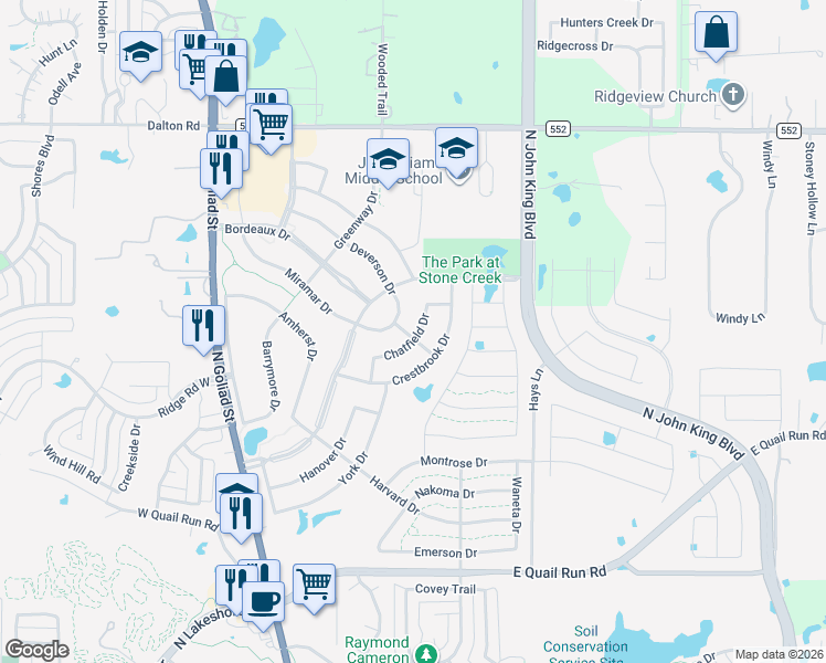 map of restaurants, bars, coffee shops, grocery stores, and more near 129 Deverson Drive in Rockwall