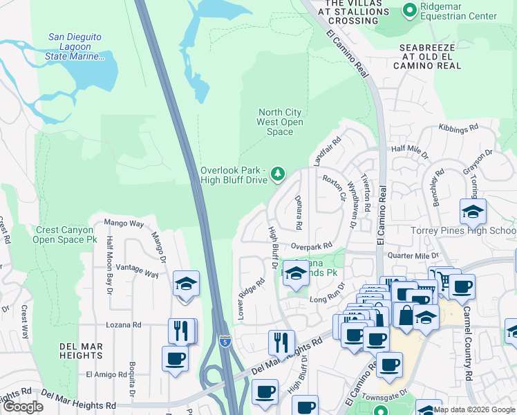 map of restaurants, bars, coffee shops, grocery stores, and more near 13296 Ocean Vista Road in Del Mar