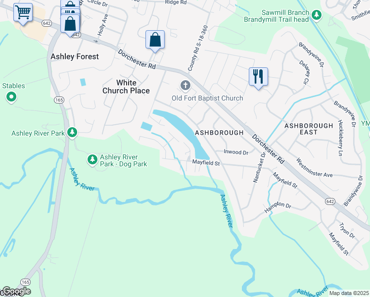 map of restaurants, bars, coffee shops, grocery stores, and more near 1403 Audubon Court in Summerville