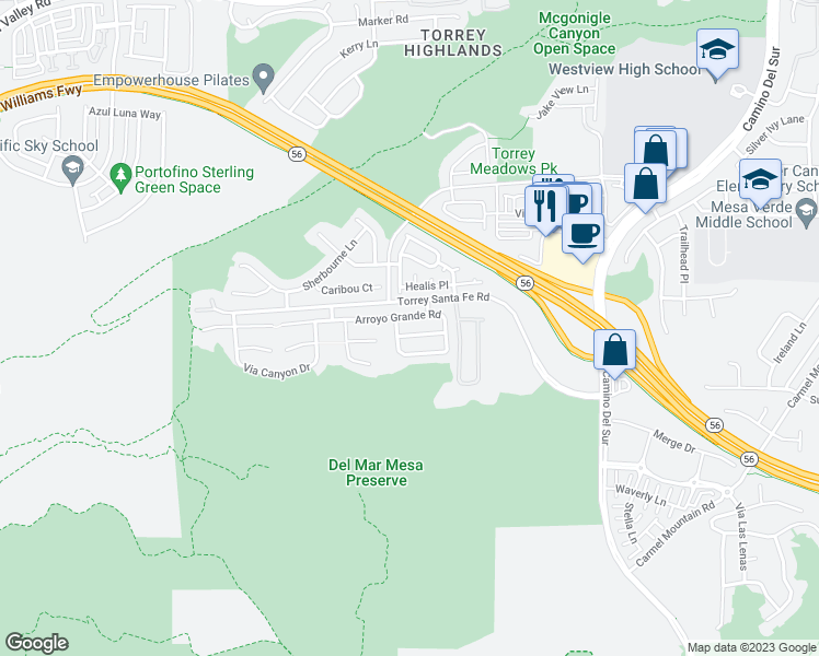map of restaurants, bars, coffee shops, grocery stores, and more near 7352 Via Cresta Road in San Diego