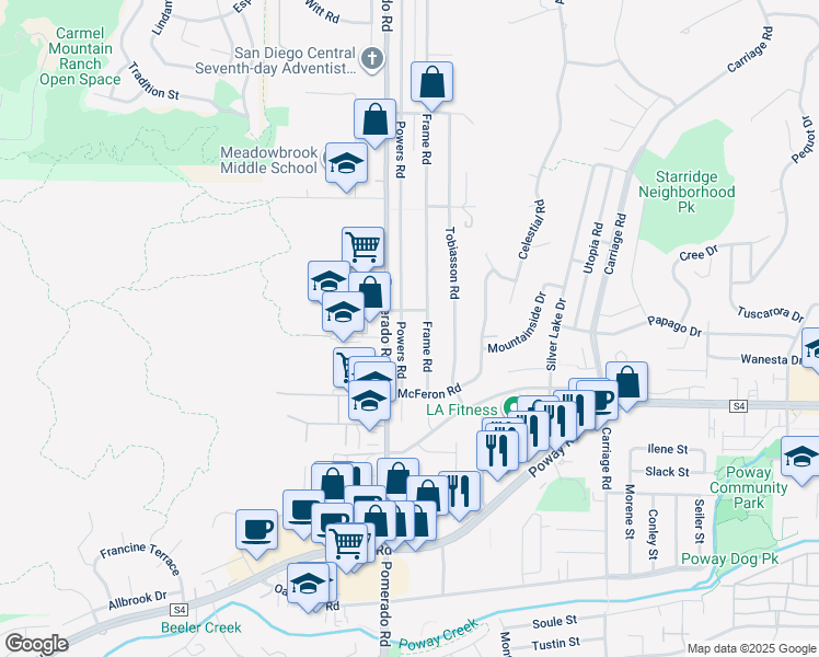 map of restaurants, bars, coffee shops, grocery stores, and more near 13425 Powers Road in Poway