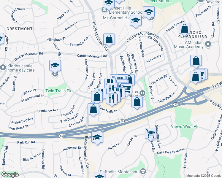 map of restaurants, bars, coffee shops, grocery stores, and more near 13279 Black Mountain Road in San Diego