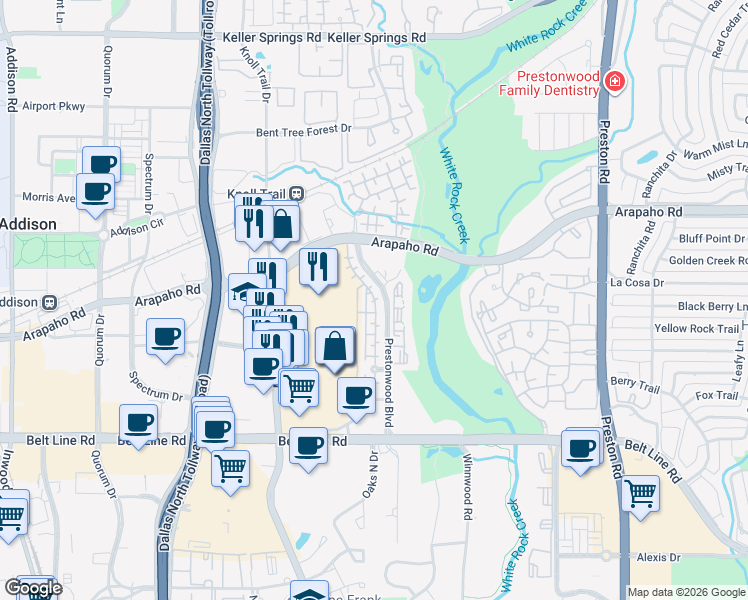 map of restaurants, bars, coffee shops, grocery stores, and more near Cosmo Avenue in Dallas