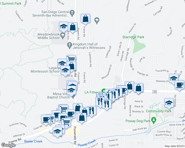 map of restaurants, bars, coffee shops, grocery stores, and more near 13423 Tobiasson Road in Poway