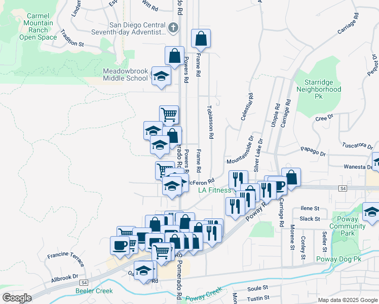 map of restaurants, bars, coffee shops, grocery stores, and more near 13425 Powers Road in Poway