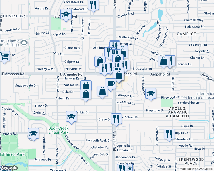 map of restaurants, bars, coffee shops, grocery stores, and more near 2000 East Arapaho Road in Richardson