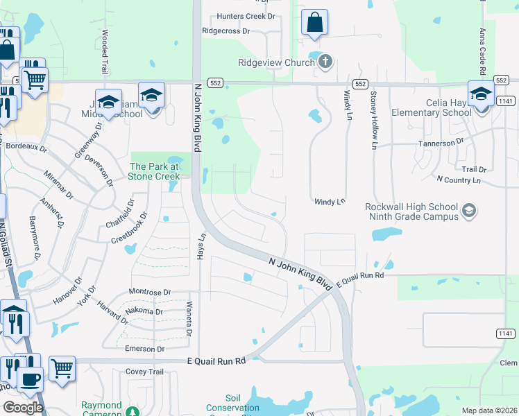 map of restaurants, bars, coffee shops, grocery stores, and more near 62 Park Central Circle in Rockwall