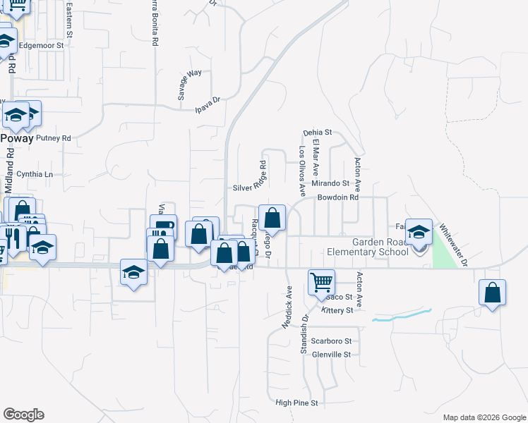 map of restaurants, bars, coffee shops, grocery stores, and more near 13440 Montego Drive in Poway