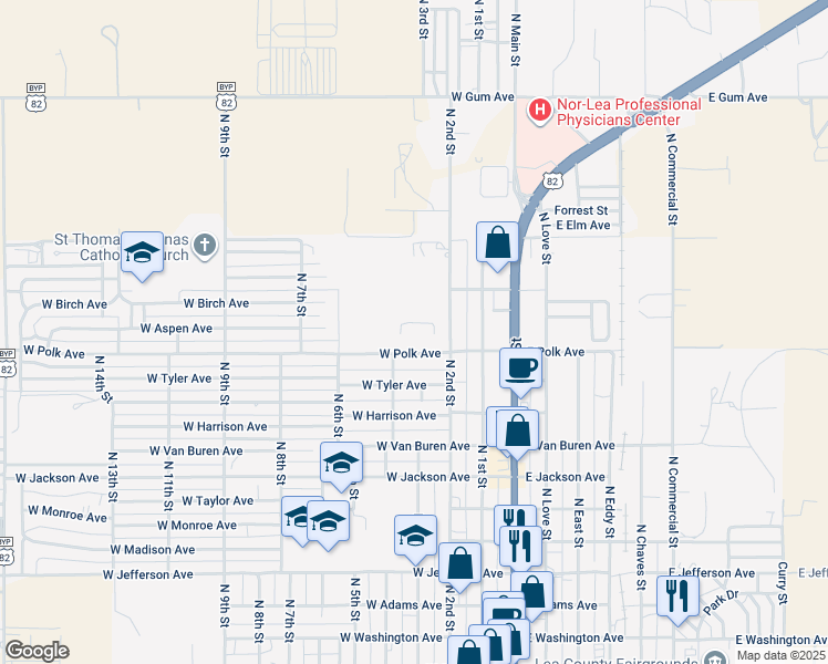 map of restaurants, bars, coffee shops, grocery stores, and more near 214 West Polk Avenue in Lovington