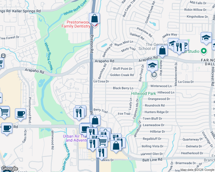 map of restaurants, bars, coffee shops, grocery stores, and more near 6030 La Cosa Drive in Dallas