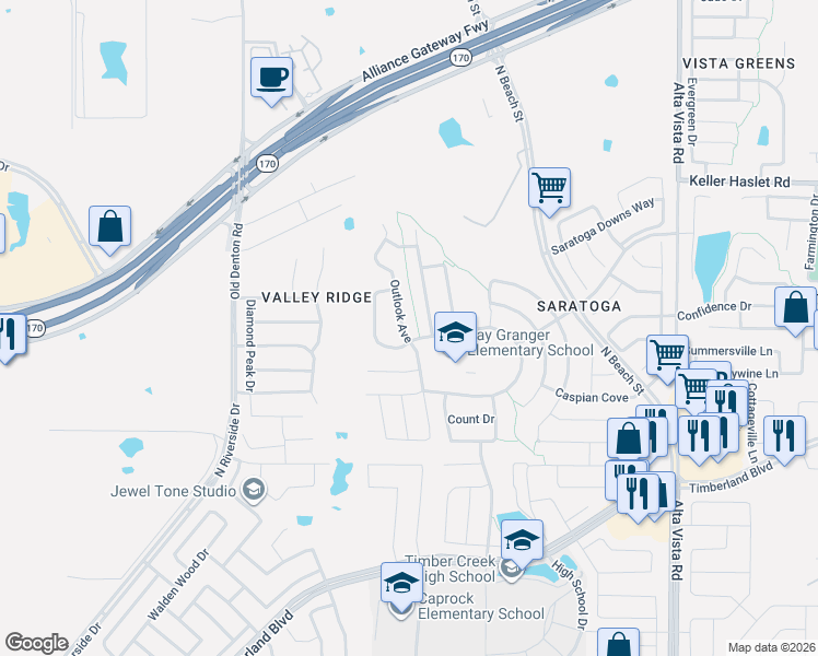map of restaurants, bars, coffee shops, grocery stores, and more near 12720 Outlook Avenue in Fort Worth