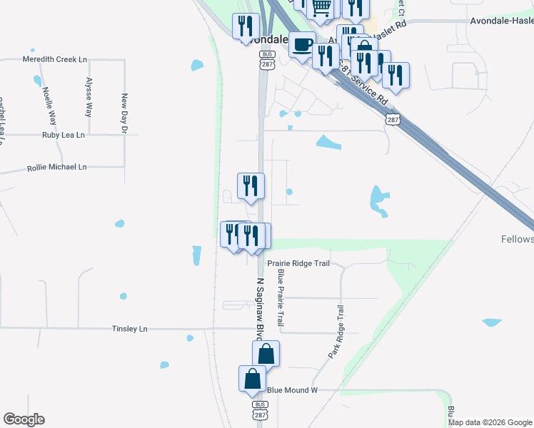 map of restaurants, bars, coffee shops, grocery stores, and more near 12765 N Saginaw Blvd in Fort Worth