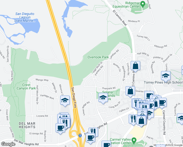 map of restaurants, bars, coffee shops, grocery stores, and more near 13296 Ocean Vista Road in Del Mar
