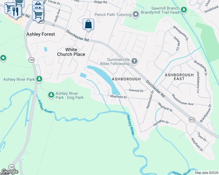 map of restaurants, bars, coffee shops, grocery stores, and more near 1304 Audubon Court in Summerville