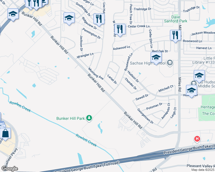 map of restaurants, bars, coffee shops, grocery stores, and more near 3816 Mustang Avenue in Sachse