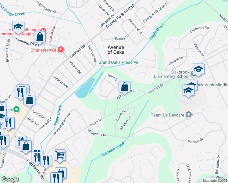 map of restaurants, bars, coffee shops, grocery stores, and more near 9102 Parlor Drive in Ladson