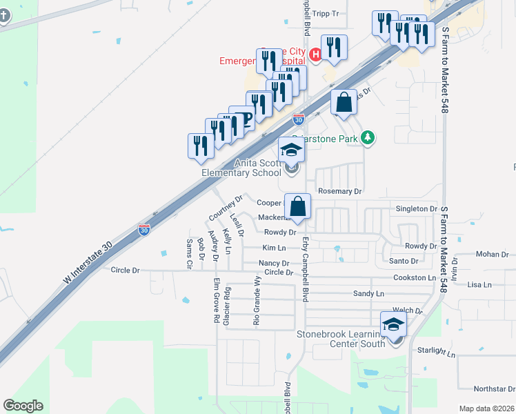 map of restaurants, bars, coffee shops, grocery stores, and more near 908 Cooper Lane in Royse City