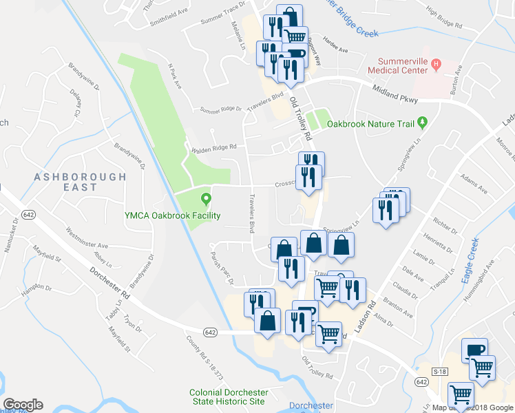 map of restaurants, bars, coffee shops, grocery stores, and more near 541 Travelers Boulevard in Summerville