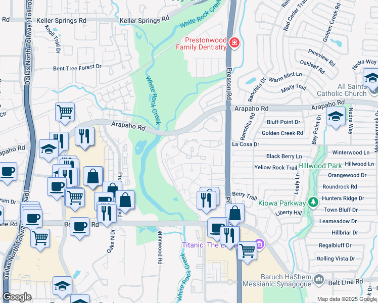 map of restaurants, bars, coffee shops, grocery stores, and more near 5930 Arapaho Road in Dallas