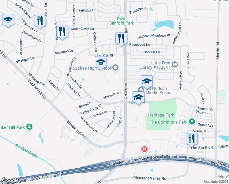 map of restaurants, bars, coffee shops, grocery stores, and more near 3912 Mitchell Court in Sachse