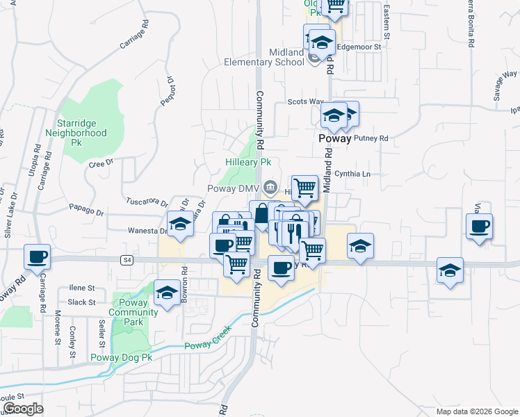 map of restaurants, bars, coffee shops, grocery stores, and more near 13425 Community Road in Poway
