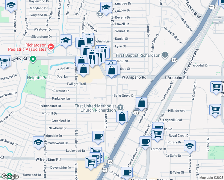 map of restaurants, bars, coffee shops, grocery stores, and more near 900 Custer Road in Richardson