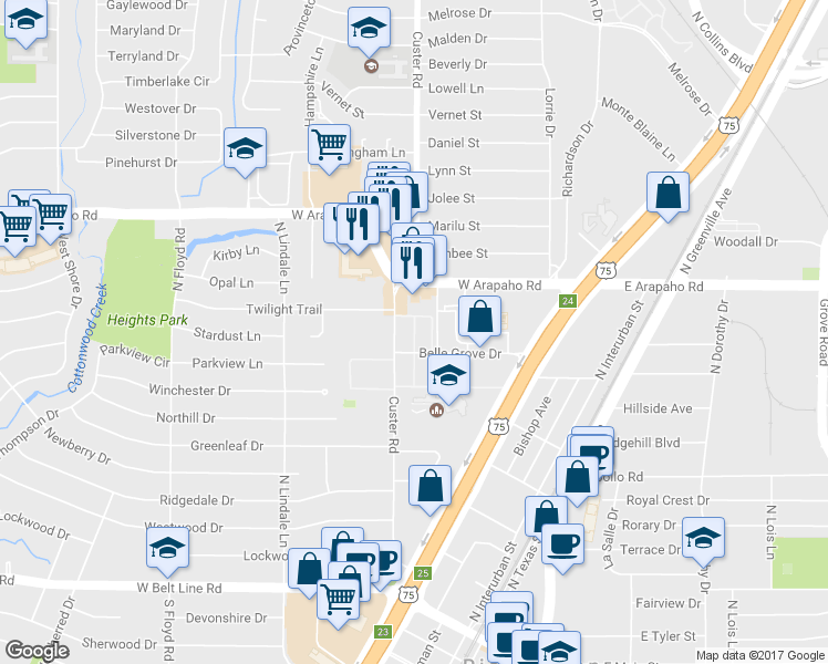 map of restaurants, bars, coffee shops, grocery stores, and more near 0 Richardson Heights Center in Richardson