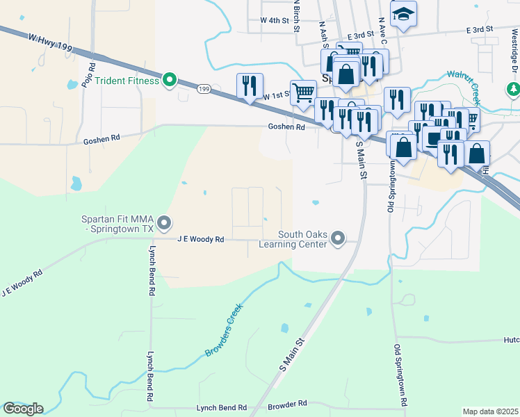 map of restaurants, bars, coffee shops, grocery stores, and more near 210 West J E Woody Road in Springtown
