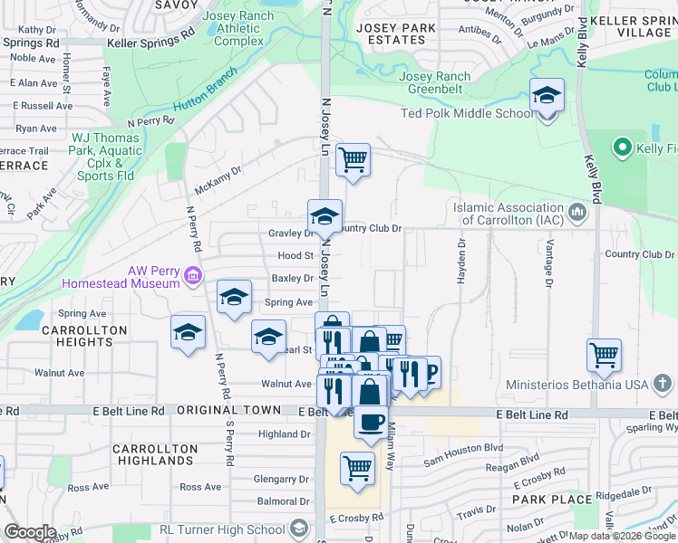 map of restaurants, bars, coffee shops, grocery stores, and more near 1902 Hood Circle in Carrollton
