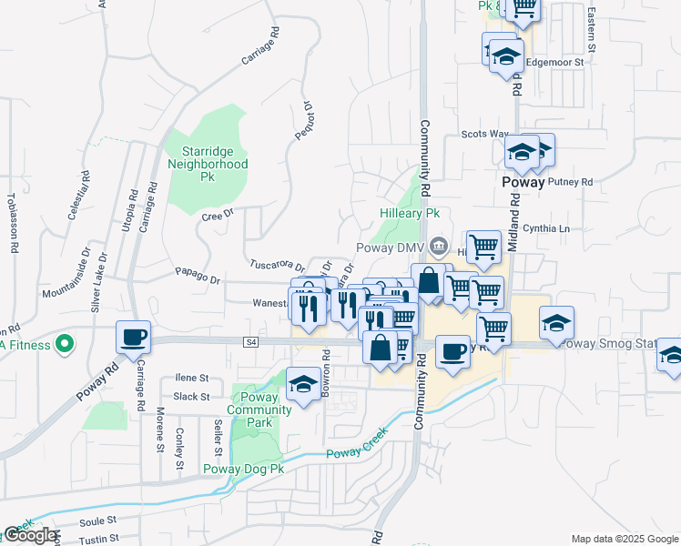 map of restaurants, bars, coffee shops, grocery stores, and more near 13340 Arikara Drive in Poway