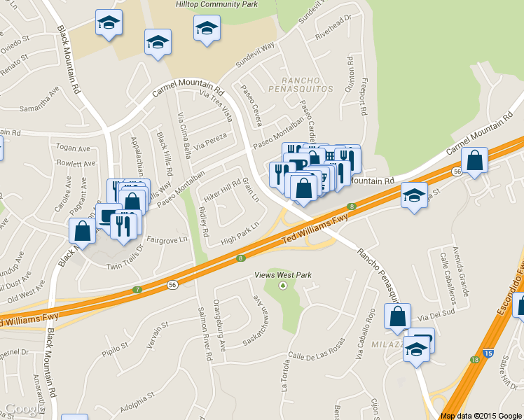 map of restaurants, bars, coffee shops, grocery stores, and more near 13485 Grain Lane in San Diego