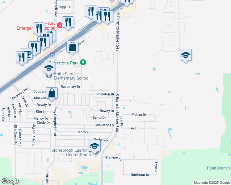 map of restaurants, bars, coffee shops, grocery stores, and more near 112 Singleton Drive in Royse City