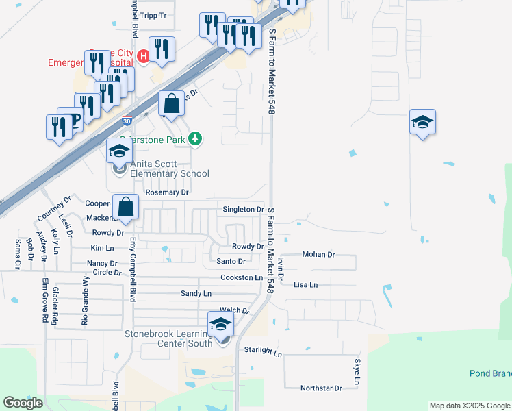 map of restaurants, bars, coffee shops, grocery stores, and more near 112 Singleton Drive in Royse City