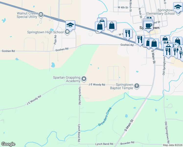 map of restaurants, bars, coffee shops, grocery stores, and more near 460 West J E Woody Road in Springtown