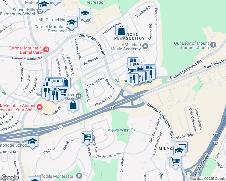 map of restaurants, bars, coffee shops, grocery stores, and more near 13482 Grain Lane in San Diego