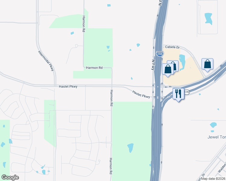 map of restaurants, bars, coffee shops, grocery stores, and more near 801-899 Harmon Road in Haslet