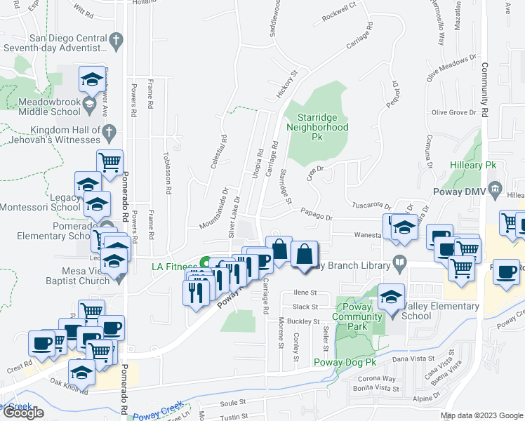 map of restaurants, bars, coffee shops, grocery stores, and more near 12801 Amber Hill Lane in Poway