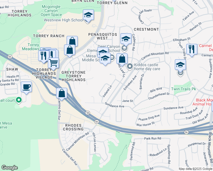 map of restaurants, bars, coffee shops, grocery stores, and more near 13187 Dufresne Place in San Diego