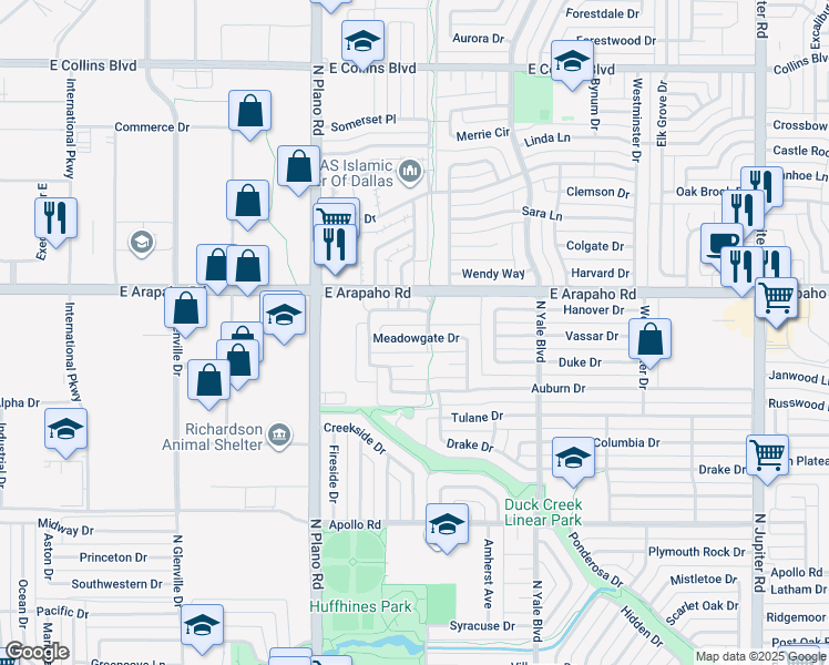 map of restaurants, bars, coffee shops, grocery stores, and more near 1605 Meadowgate Drive in Richardson