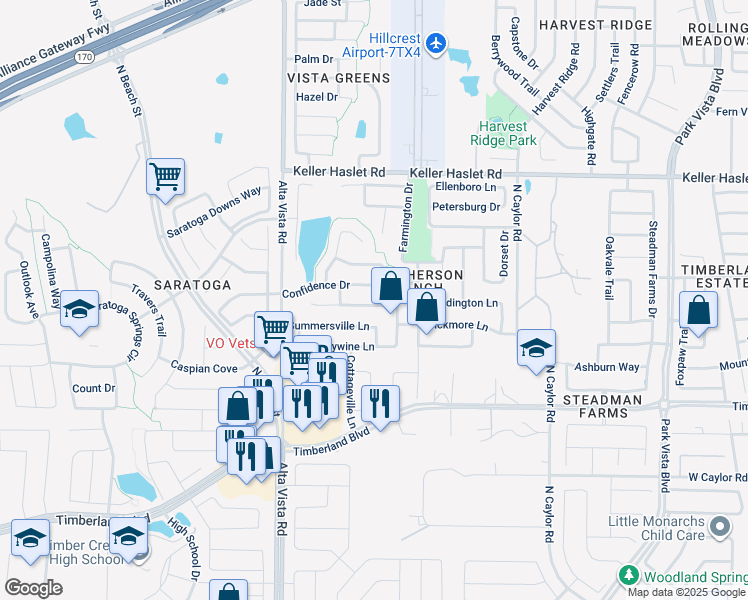map of restaurants, bars, coffee shops, grocery stores, and more near 3904 Confidence Drive in Fort Worth