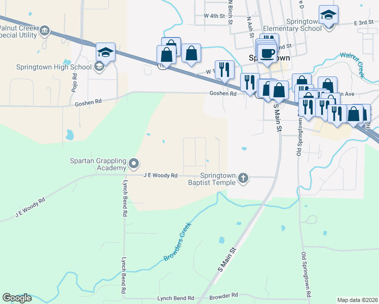 map of restaurants, bars, coffee shops, grocery stores, and more near 210 West J E Woody Road in Springtown