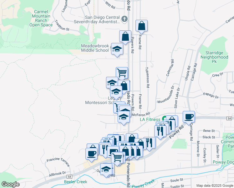 map of restaurants, bars, coffee shops, grocery stores, and more near 12310 9th Street in Poway
