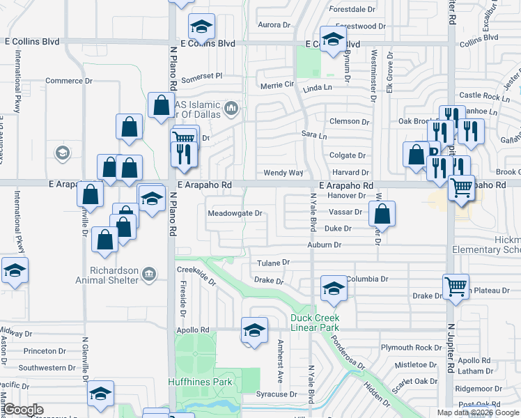 map of restaurants, bars, coffee shops, grocery stores, and more near 1707 Meadowgate Drive in Richardson